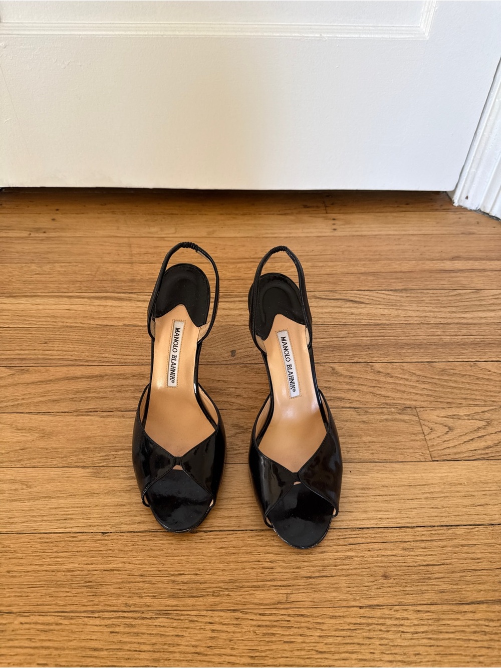 Manolo Blahnik Black Patent Slingback Peep-Toe Heels